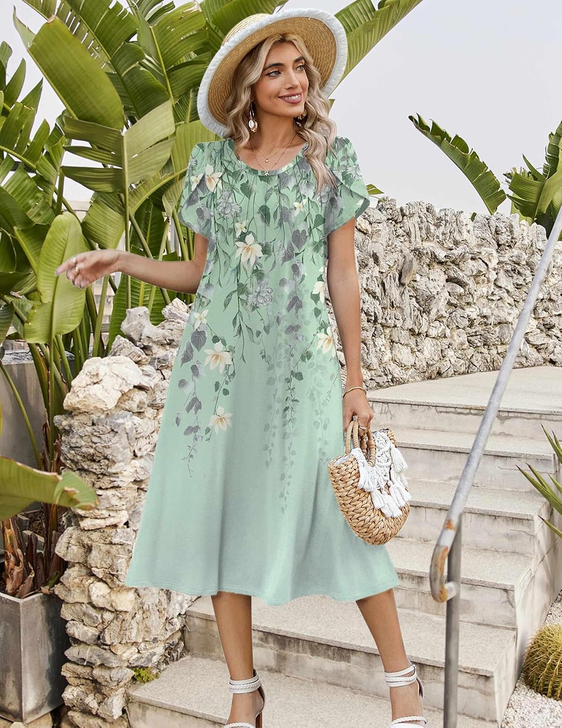 Casual Summer 2026 Petal Short Sleeve Pleated Midi A-Line   Sundress