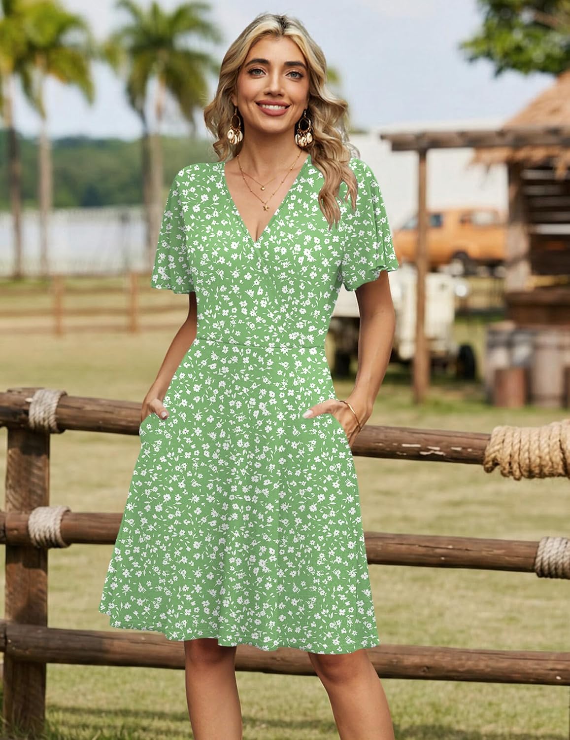 Women's 2026 Summer Wrap V Neck Floral A-Line Ruffle Sleeve Casual Sundress with Pockets