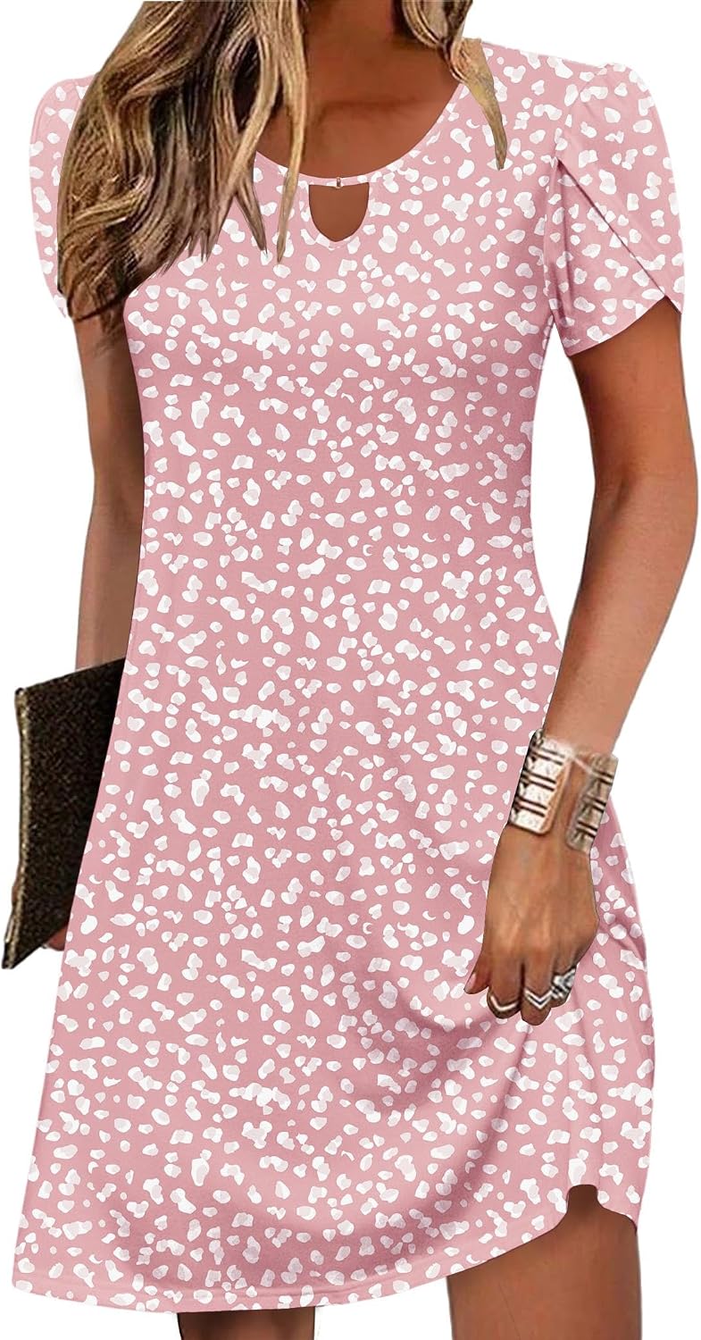 Casual A-Line Floral Short Sleeve T-Shirt Mini Flowy Sundress with Pockets