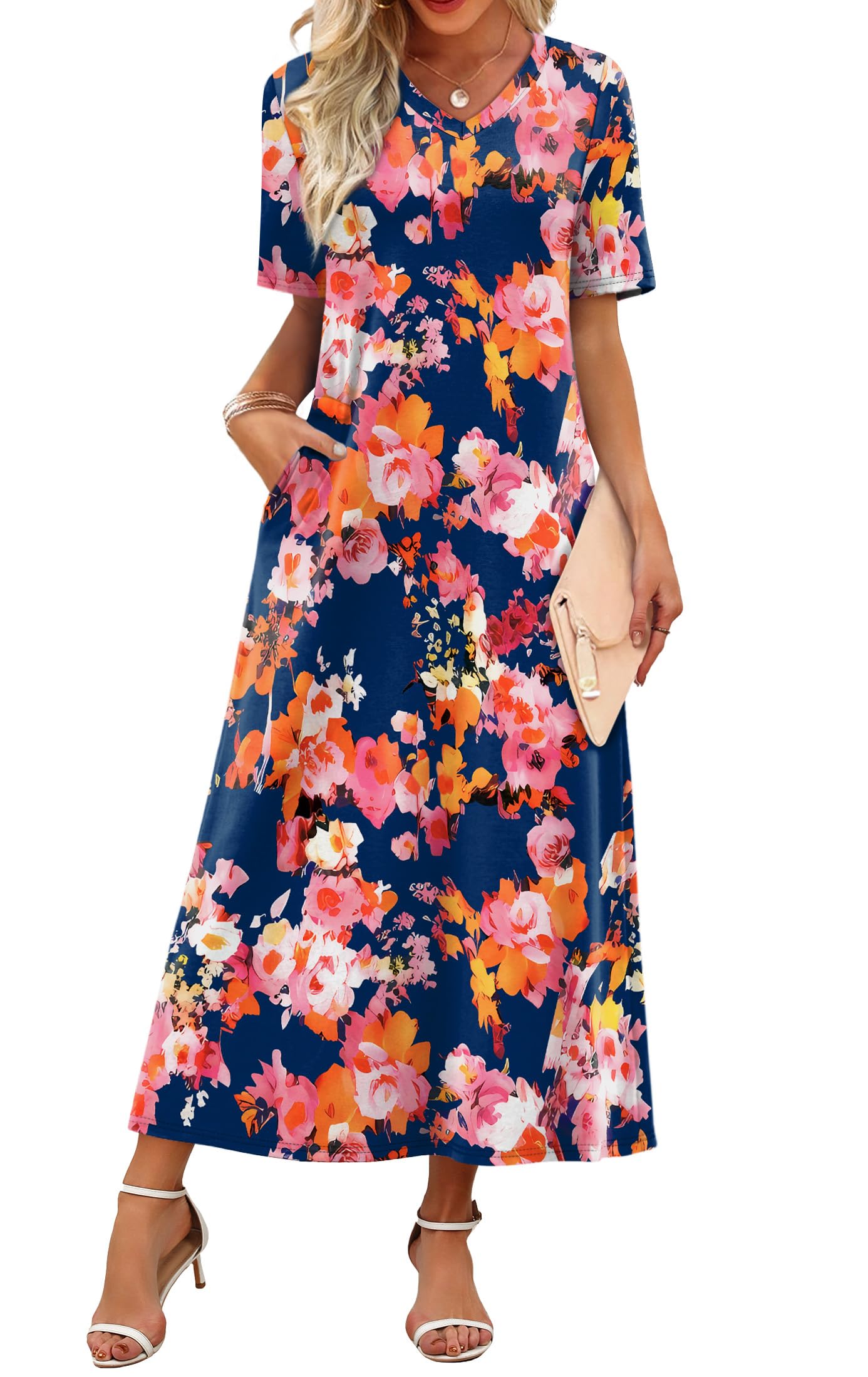Women's V Neck Floral Maxi Summer Vacation Beach Travel Sundress