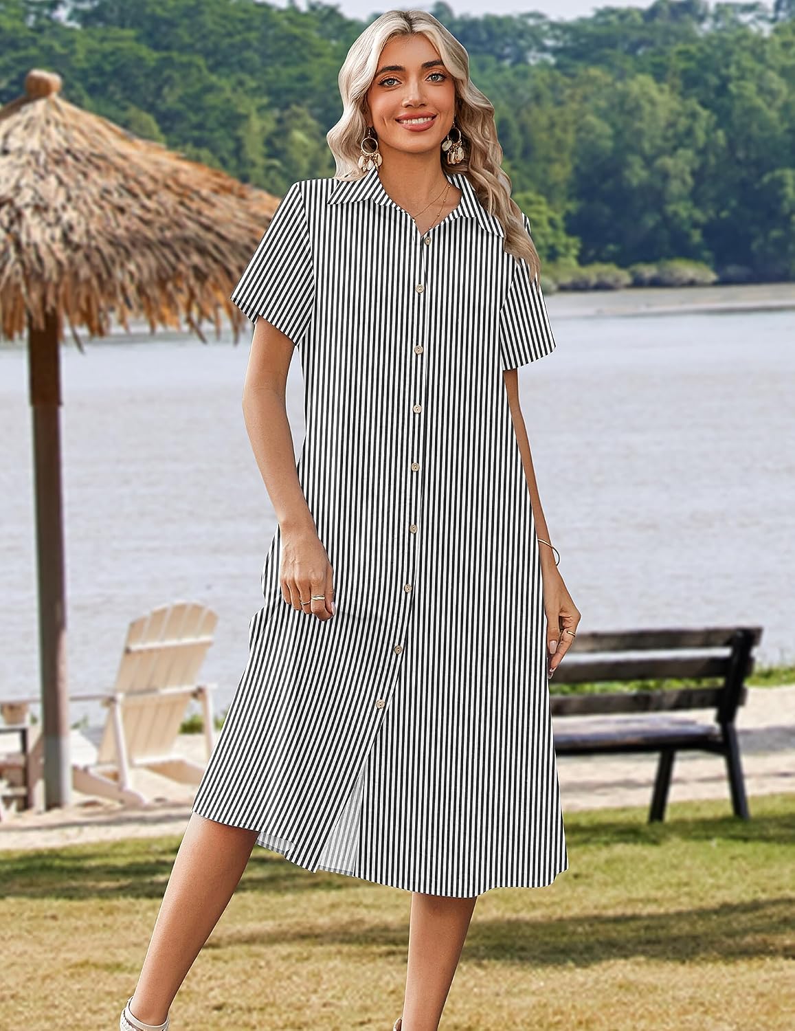Summer Button Down Shirt Aline Short Sleeve Long Beach Travel Cover Up Sundress