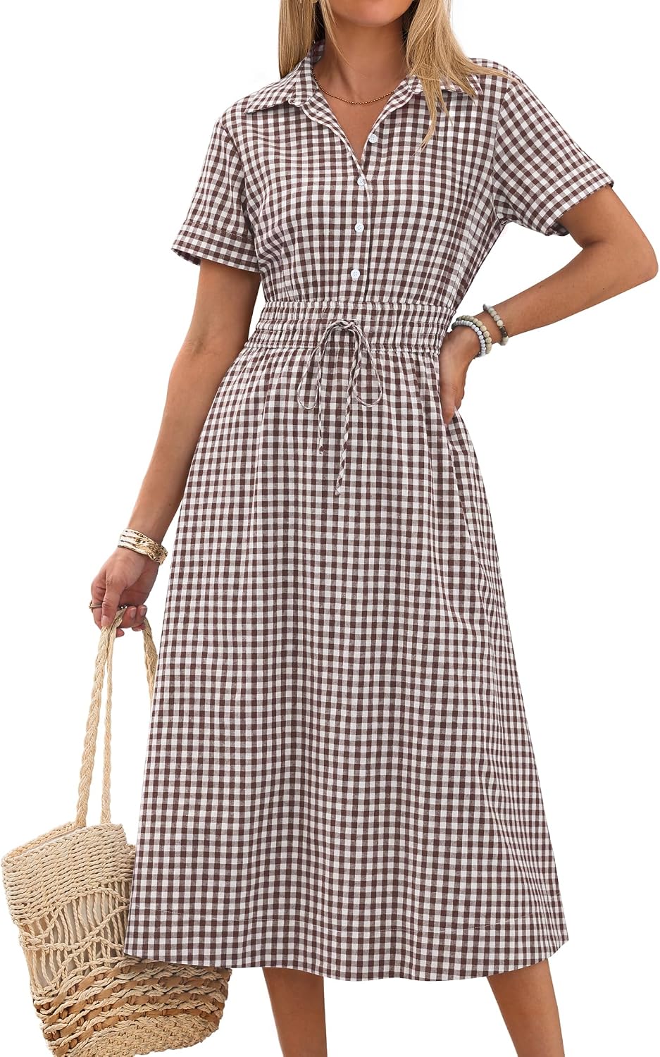 Women Summer Short Sleeve Striped & Gingham Casual A-Line Button Collar