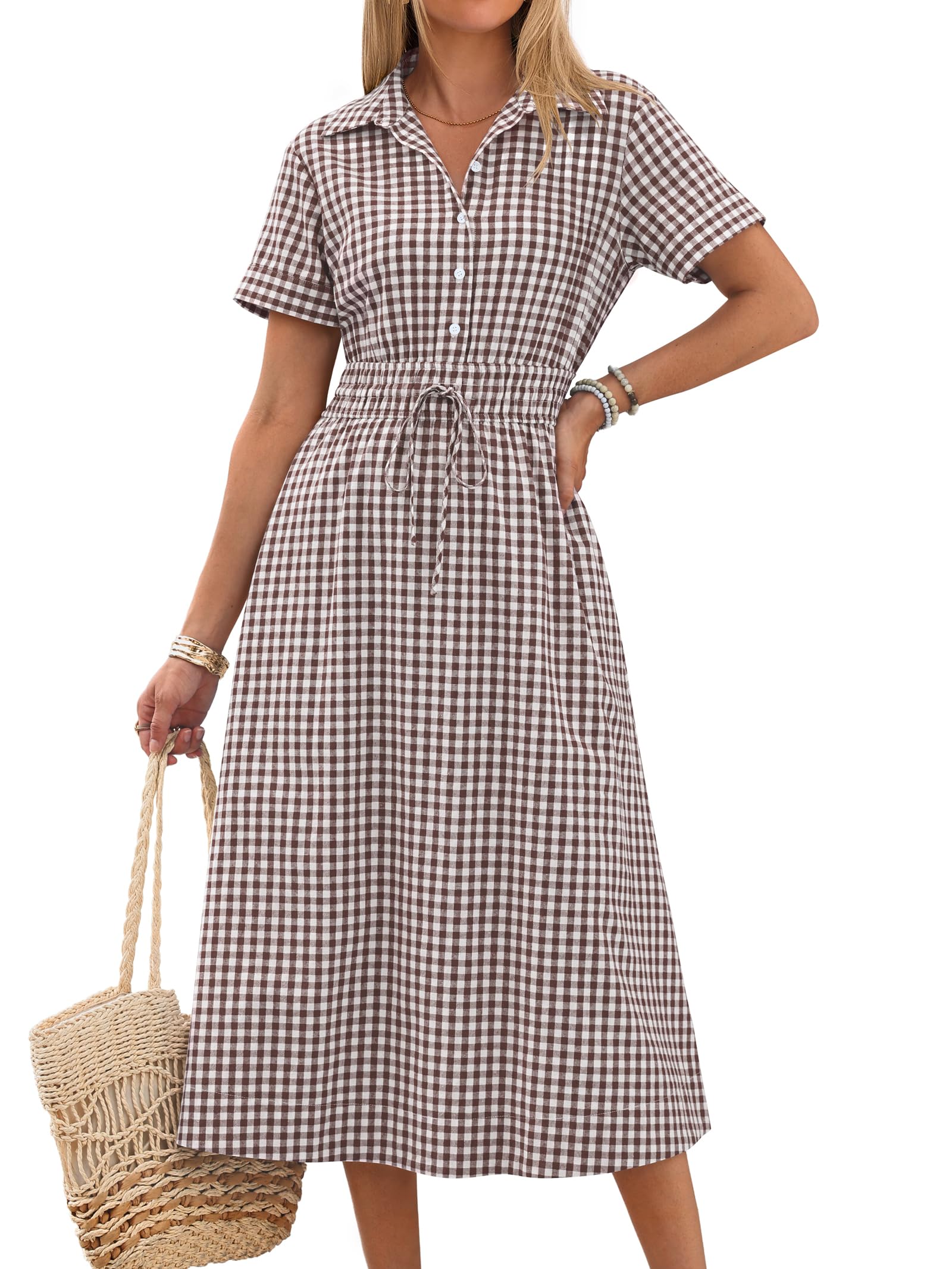 Women Summer Short Sleeve Striped & Gingham Casual A-Line Button Collar