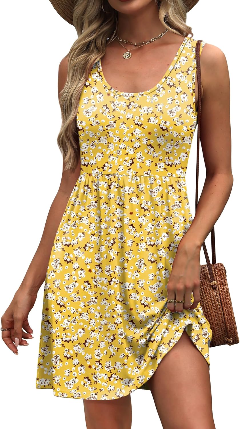 Summer A-Line Sleeveless Casual Floral/Solid Sundress with Pockets
