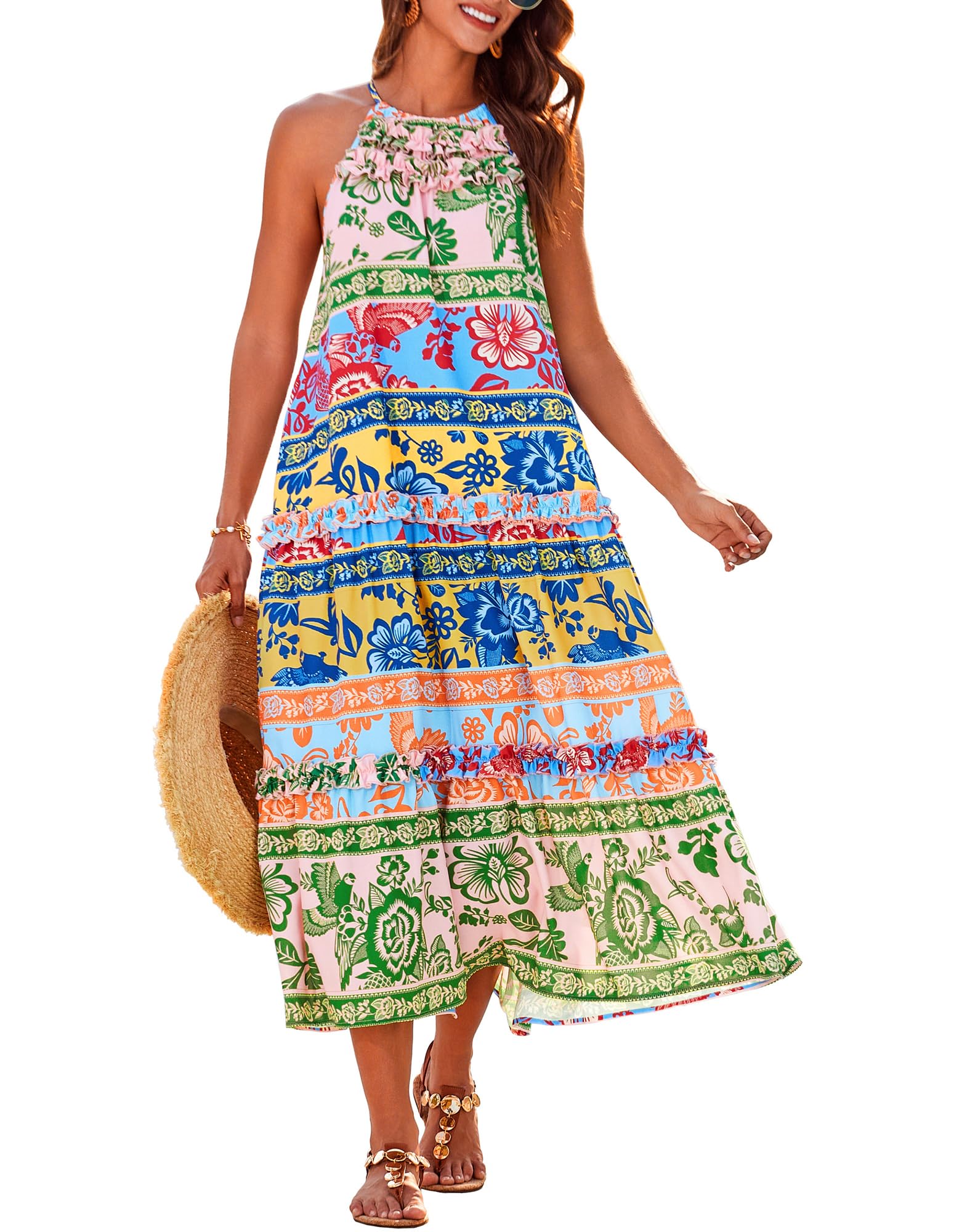 Boho Summer Beach Sundress with Tiered Ruffle Skirt