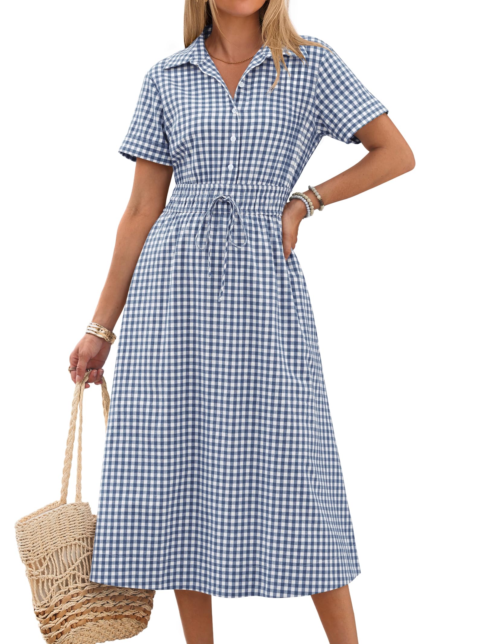 Women Summer Short Sleeve Striped & Gingham Casual A-Line Button Collar