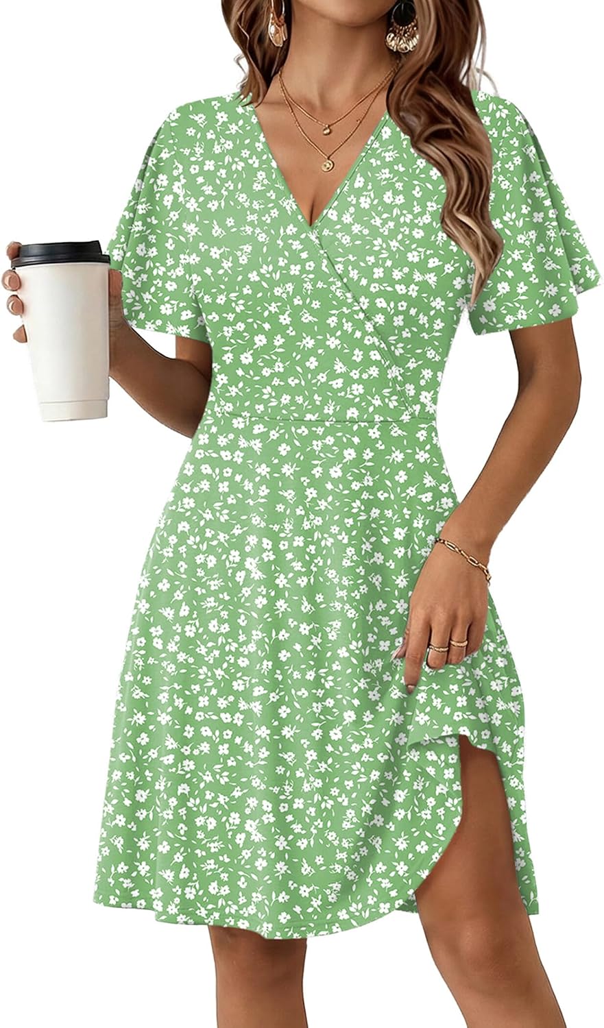 Women's 2026 Summer Wrap V Neck Floral A-Line Ruffle Sleeve Casual Sundress with Pockets