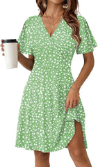 Women's 2026 Summer Wrap V Neck Floral A-Line Ruffle Sleeve Casual Sundress with Pockets