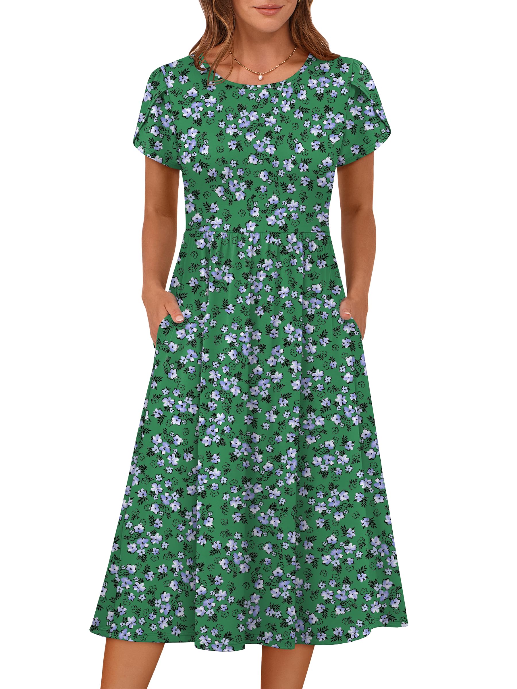 Women's Summer Short Sleeve A-Line Midi Floral T-Shirt Casual Beach Sundress with Pockets
