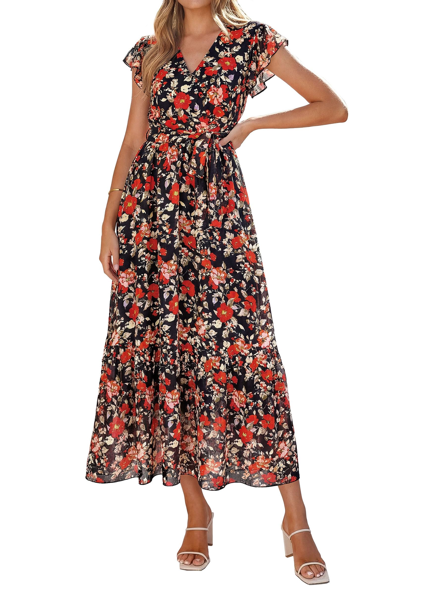 Women's Summer Short Sleeve Wrap V Neck Floral Boho Maxi Ruffle Long Flowy
