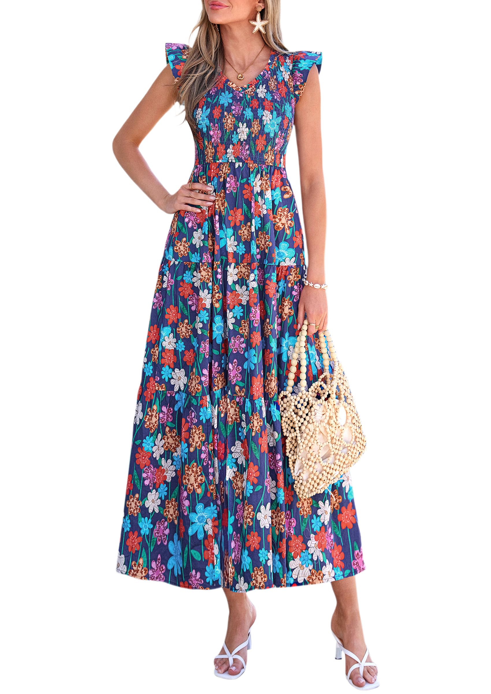 Women's 2026 Summer Boho Floral Smocked V Neck Ruffle Sleeve Flowy Maxi Beach