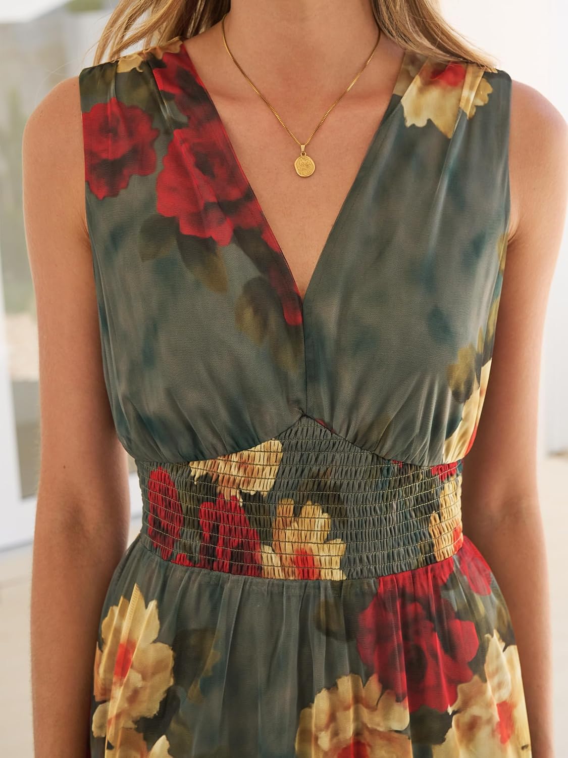 Women's Floral Tulle V Neck Sleeveless A-Line Elastic Waist Casual Flowy Formal