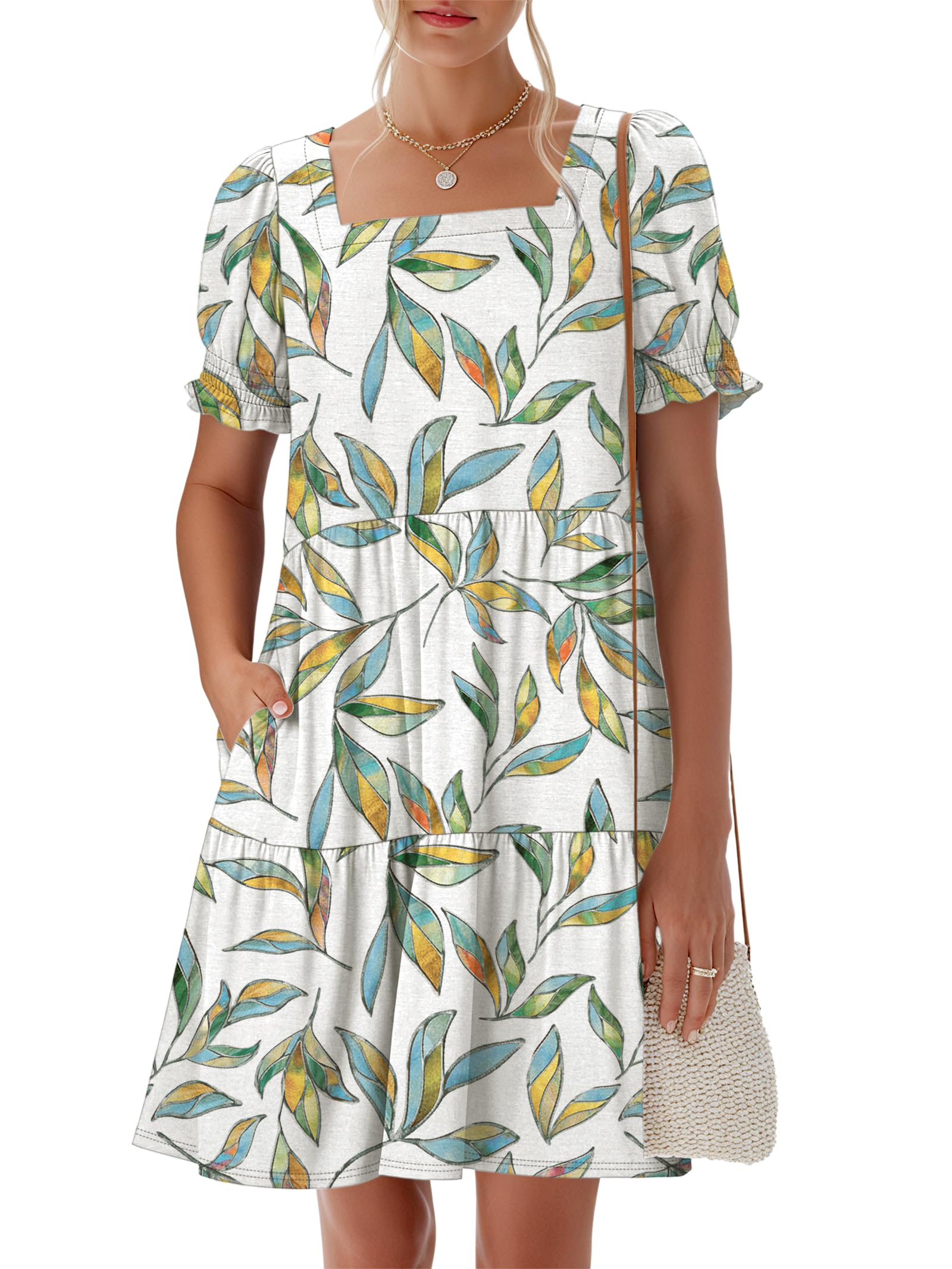 Women 2026 Summer Square Neck Puff Short Sleeve Casual Flowy Mini Sundress with Pockets for Beach Vacation