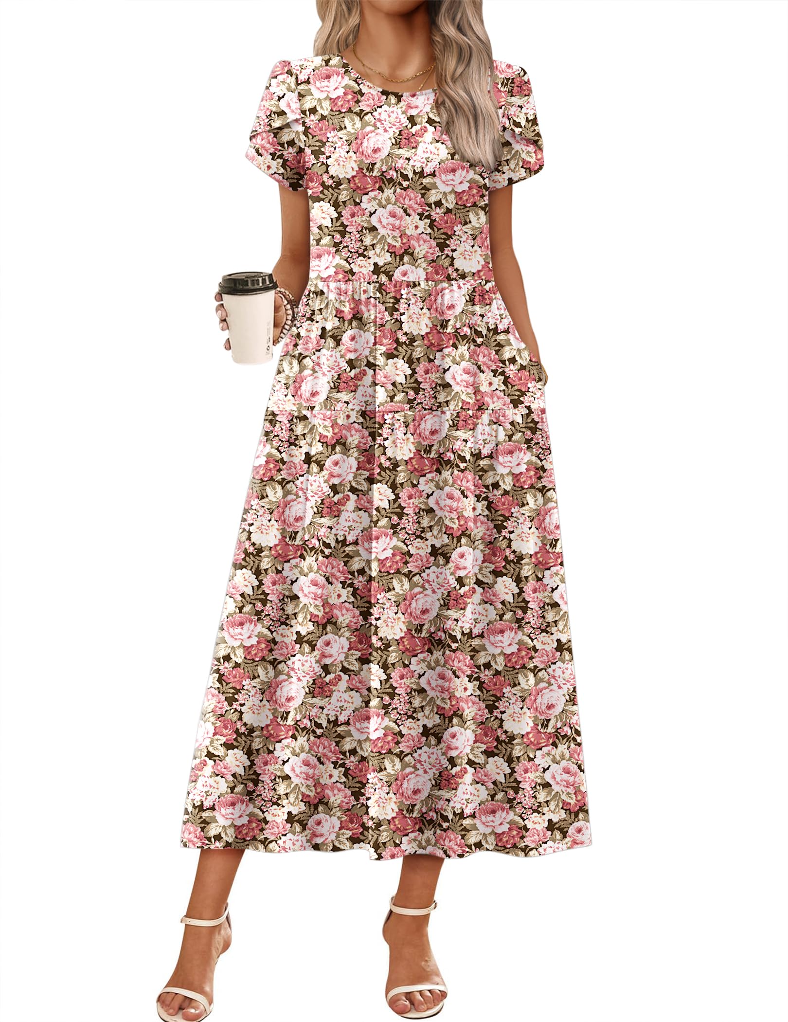 Summer Bohemian Floral Short Sleeve Casual Flowy Tired Maxi Beach Sundress for