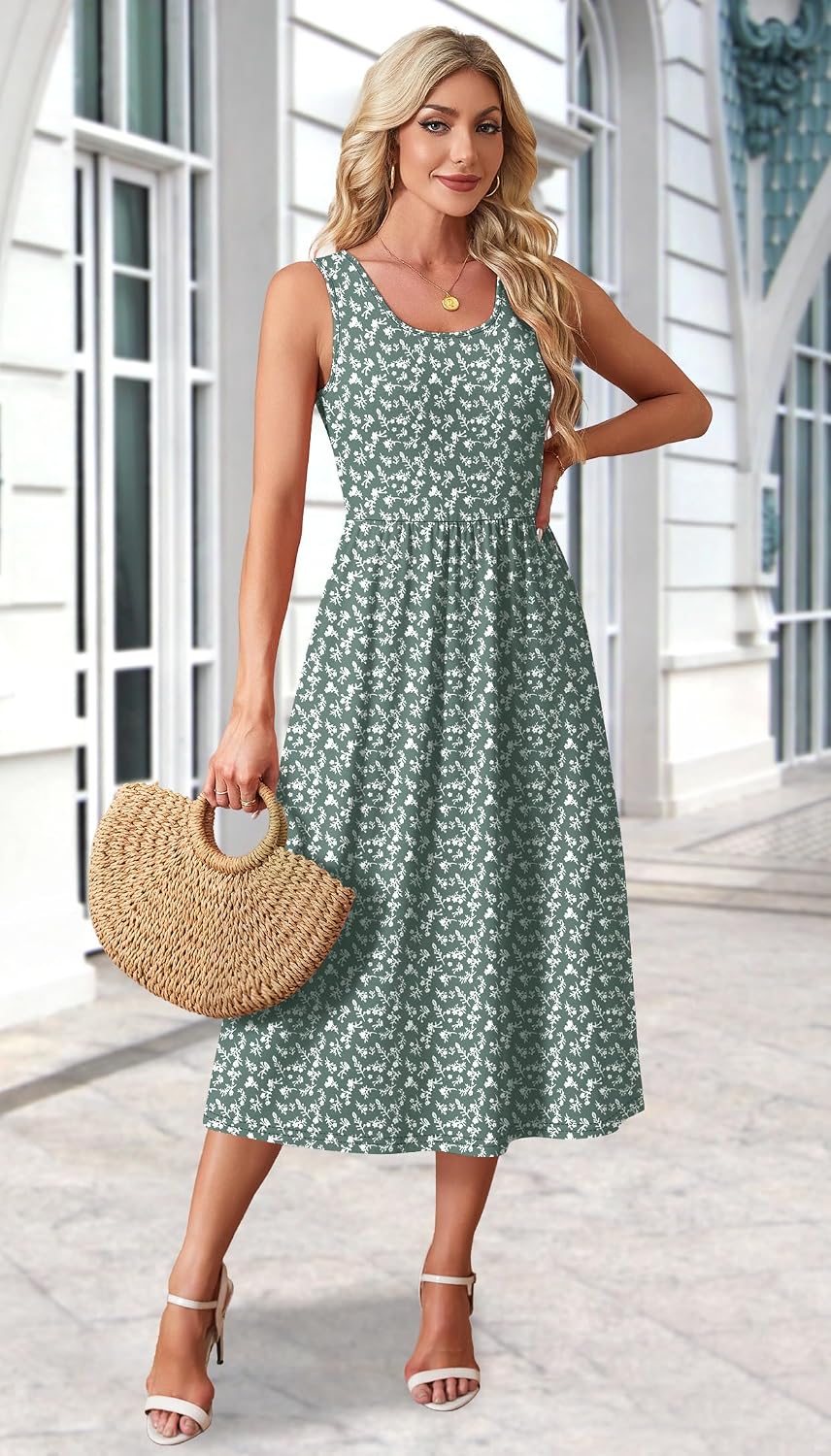 Women's Summer Flowy Casual Midi Beach Vacation Sundress with Pockets