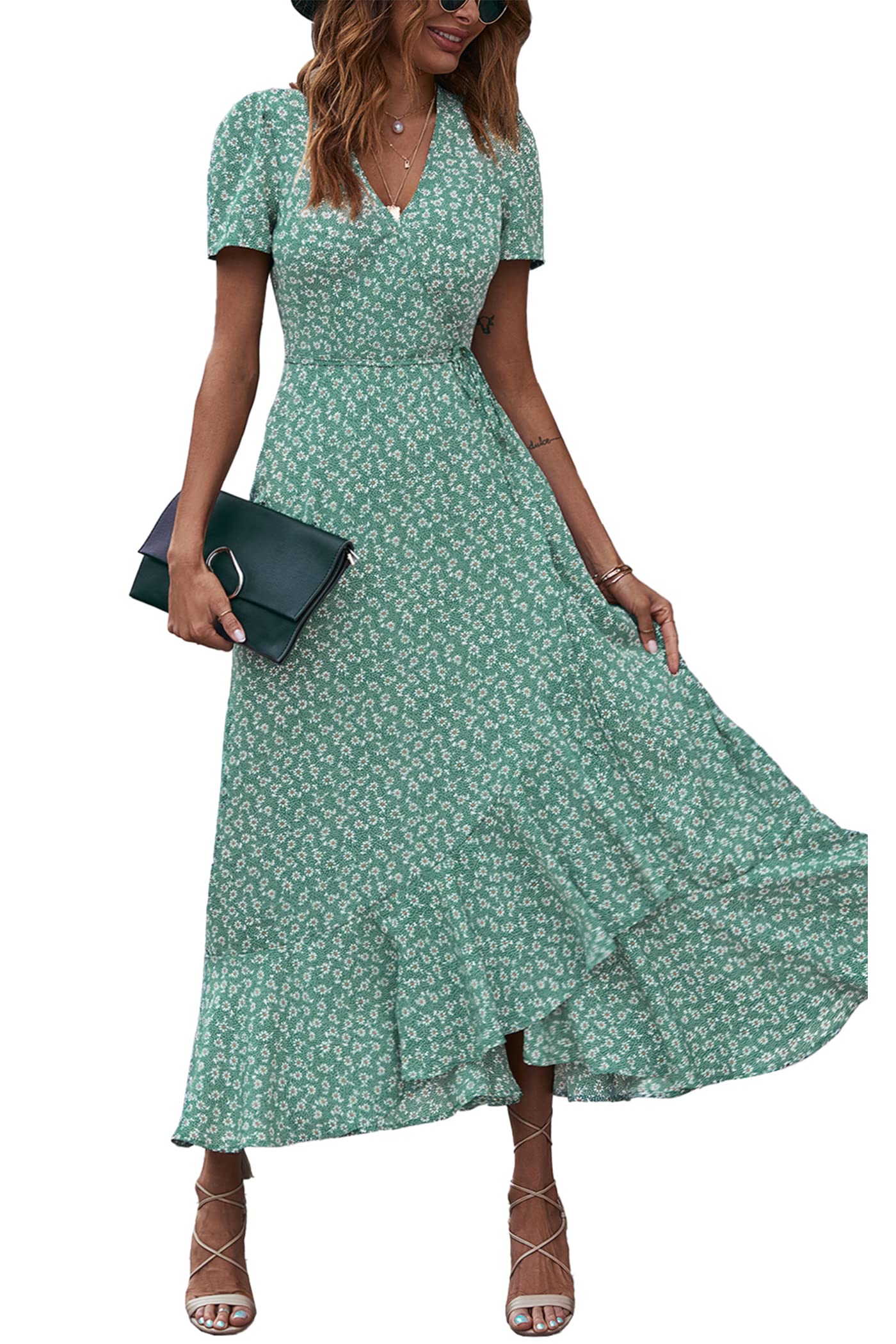 Women's Summer Short Sleeve  Floral Maxi Long Flowy Beach Vacation Wedding Guest Dress
