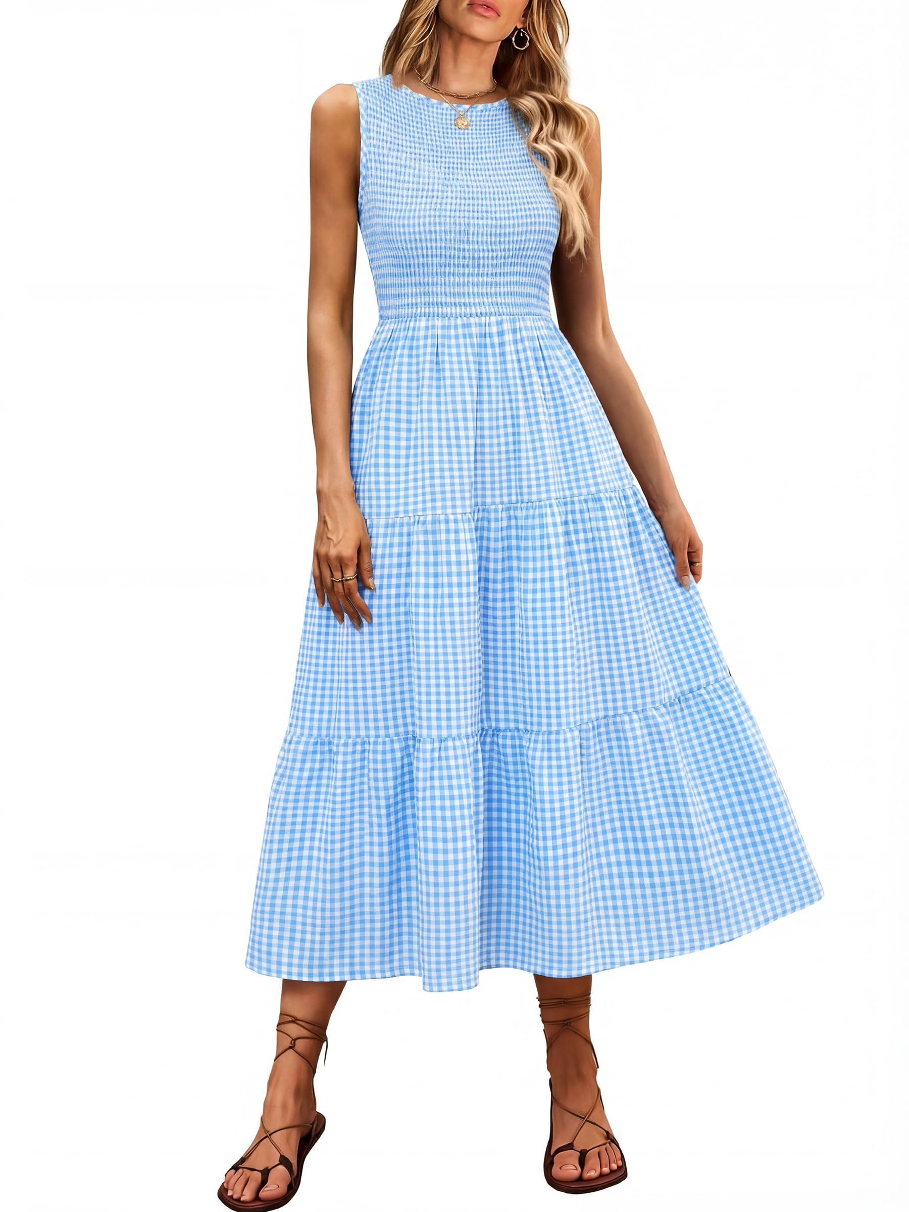 Women's Summer Sleeveless Crewneck Smocked Plaid Tiered Boho A-Line Maxi Beach Sundress