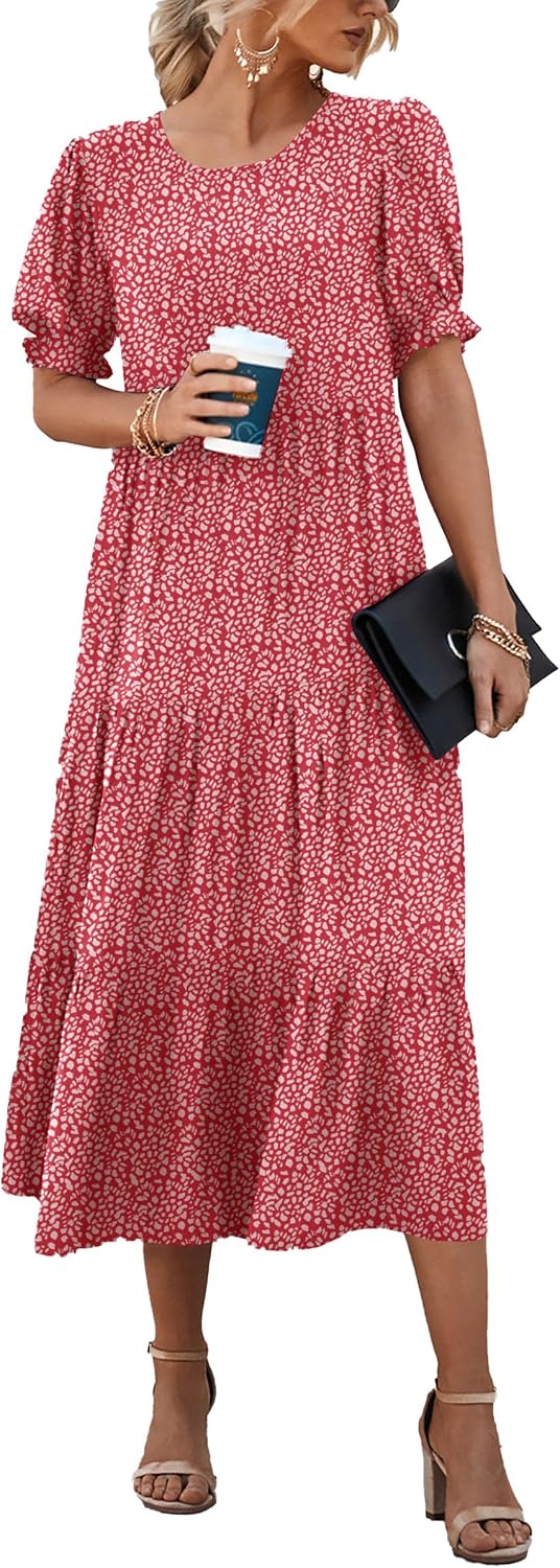Women's  Summer Casual Floral Boho Midi Puff Short Sleeve Flowy Beach Vacation Sun Dress