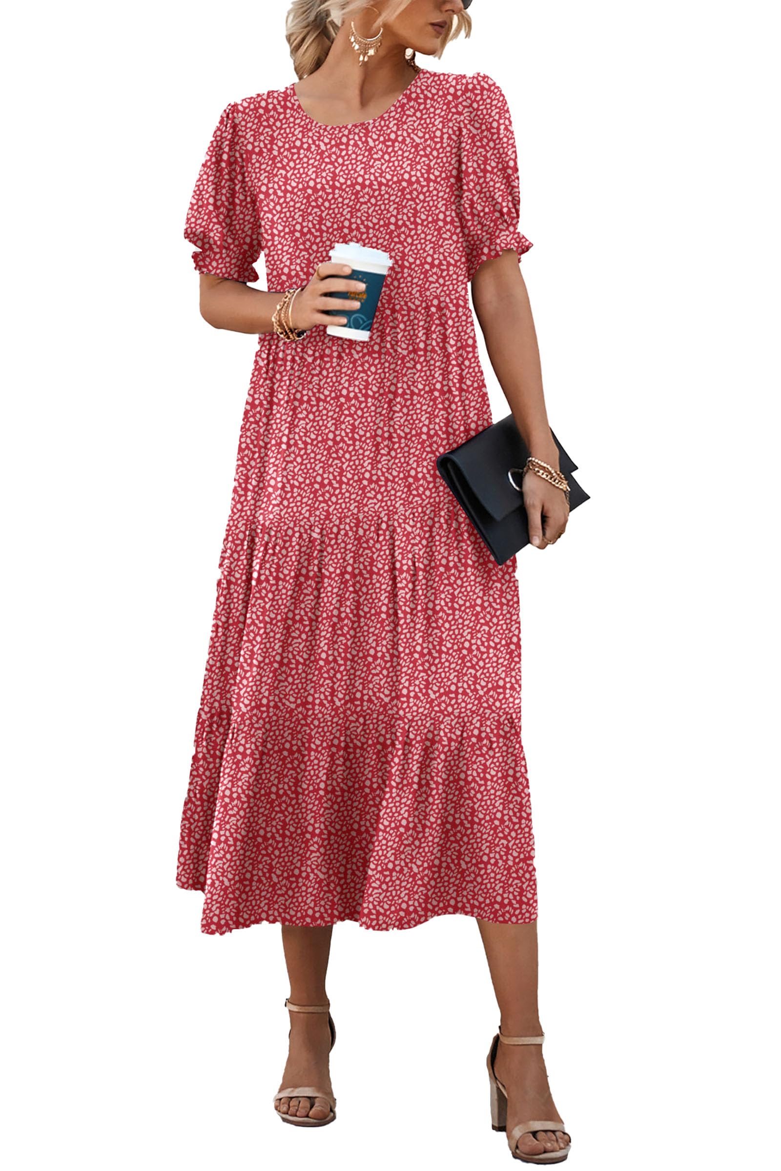Women's  Summer Casual Floral Boho Midi Puff Short Sleeve Flowy Beach Vacation Sun Dress