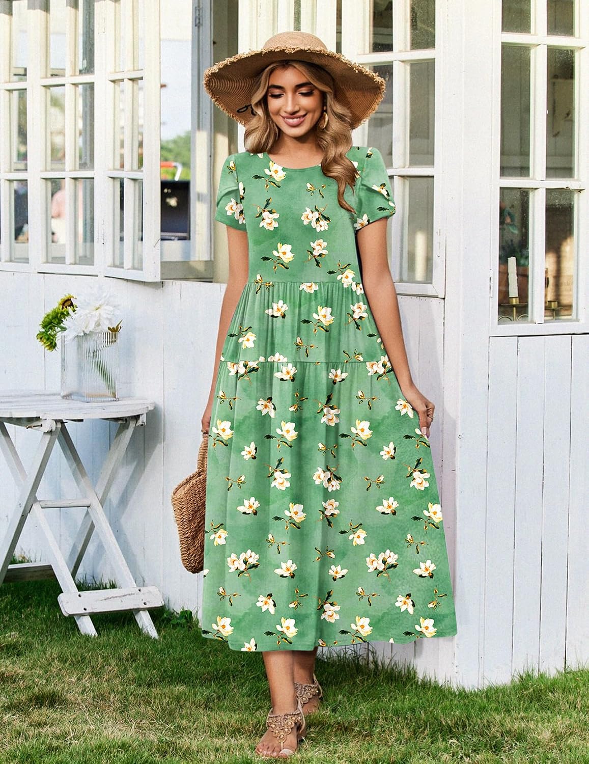 Summer Bohemian Floral Short Sleeve Casual Flowy Tired Maxi Beach Sundress for