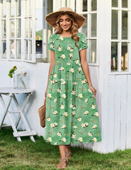 Summer Bohemian Floral Short Sleeve Casual Flowy Tired Maxi Beach Sundress for