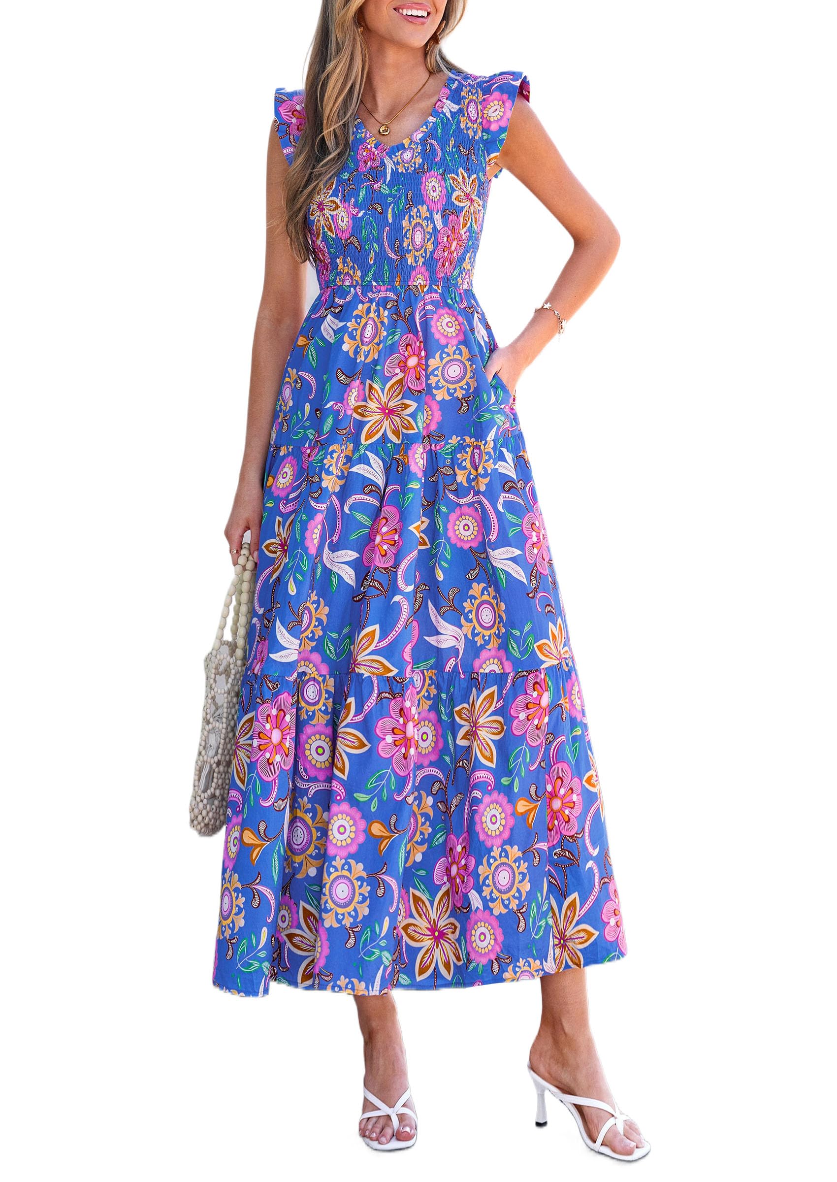 Women's 2026 Summer Boho Floral Smocked V Neck Ruffle Sleeve Flowy Maxi Beach