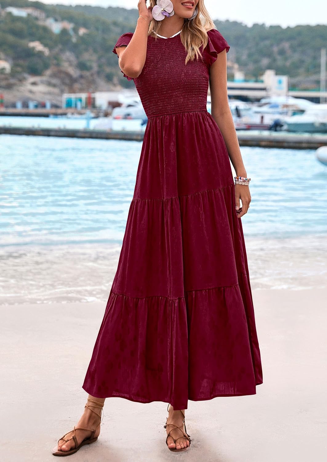 Women's 2026 Summer Floral Cap Sleeve Smocked A-Line Long Elegant Midi Spring Wedding Guest Dress