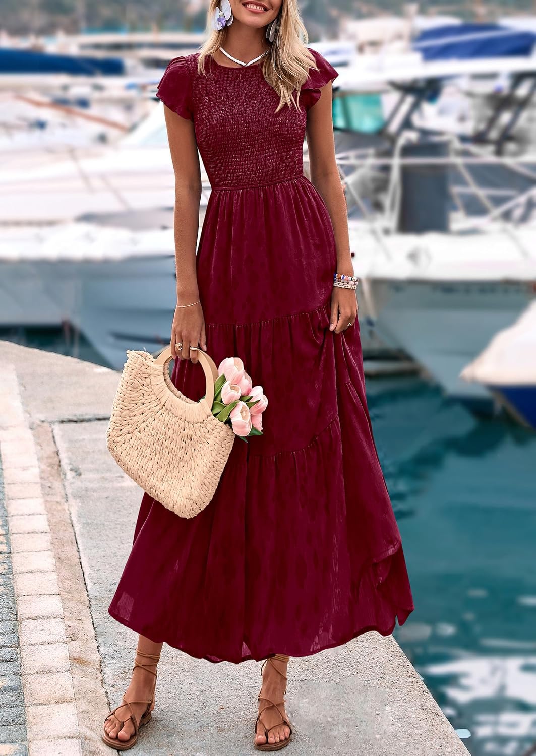 Women's 2026 Summer Floral Cap Sleeve Smocked A-Line Long Elegant Midi Spring Wedding Guest Dress