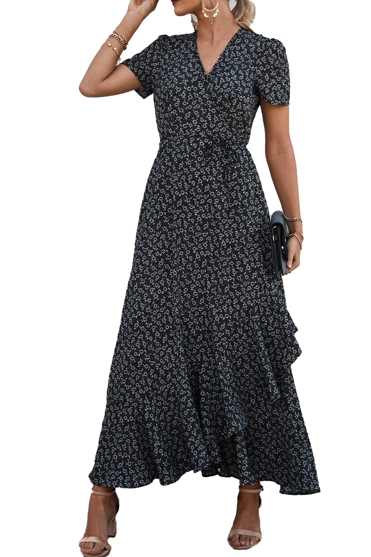 Women's Summer Short Sleeve  Floral Maxi Long Flowy Beach Vacation Wedding Guest Dress