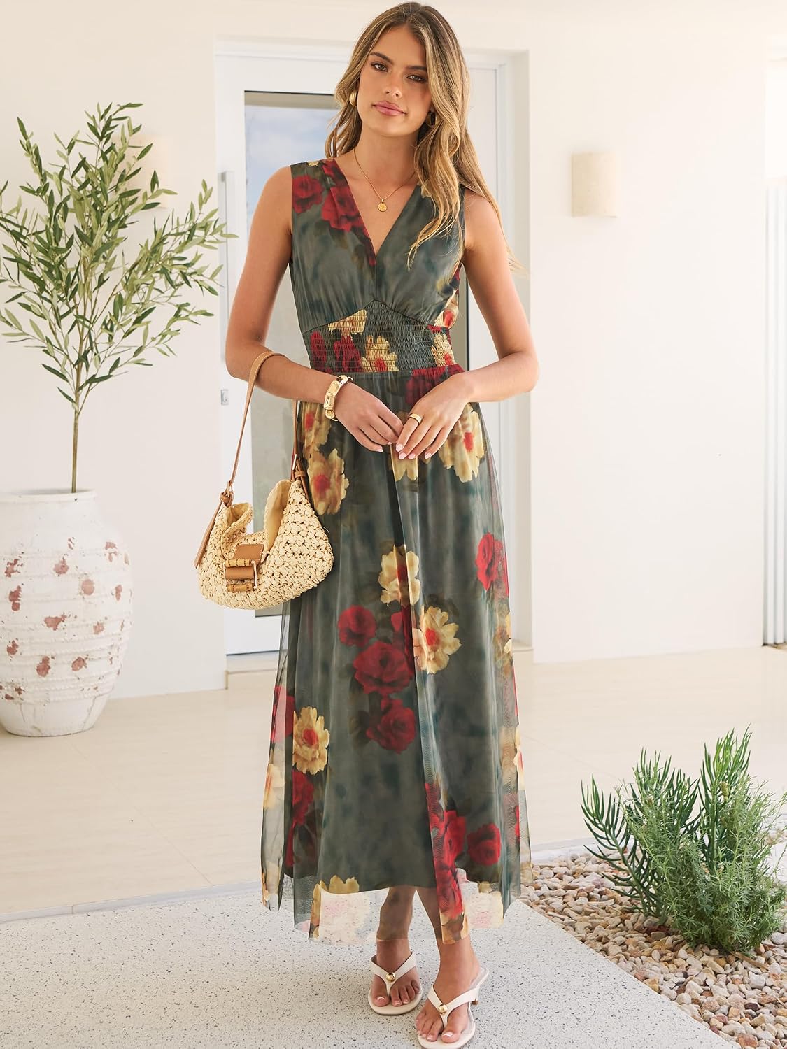 Women's Floral Tulle V Neck Sleeveless A-Line Elastic Waist Casual Flowy Formal