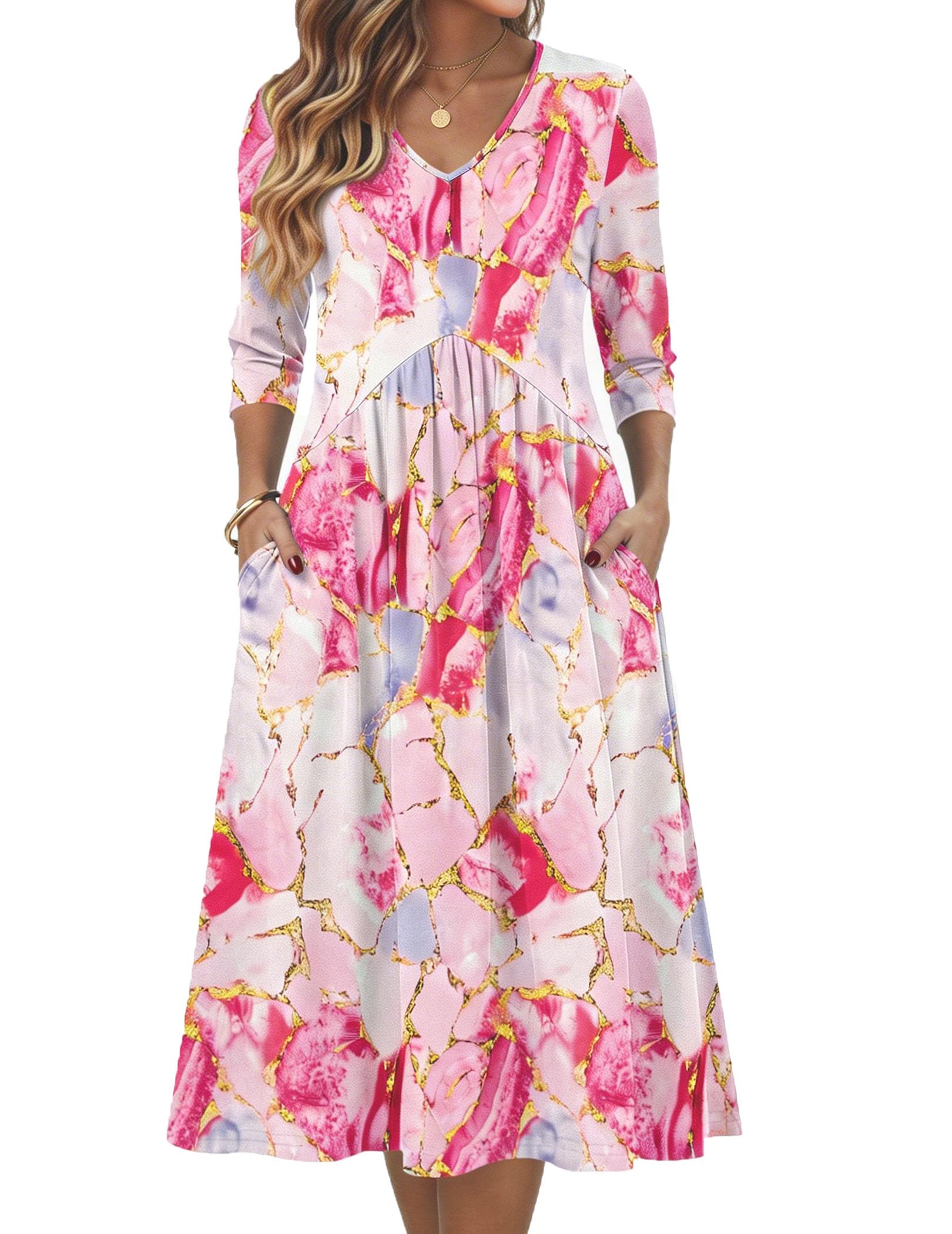 Summer 3/4 Sleeve Women's Casual Midi Tshirt Semi-Formal Sundress with Pockets