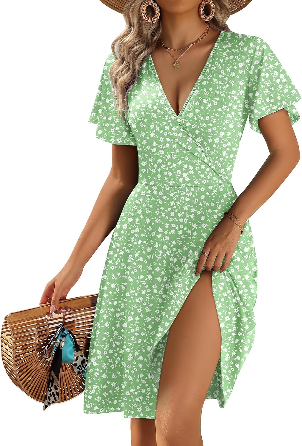 Women's 2026 Summer Wrap V Neck Floral A-Line Ruffle Sleeve Casual Sundress with Pockets