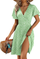 Women's 2026 Summer Wrap V Neck Floral A-Line Ruffle Sleeve Casual Sundress with Pockets