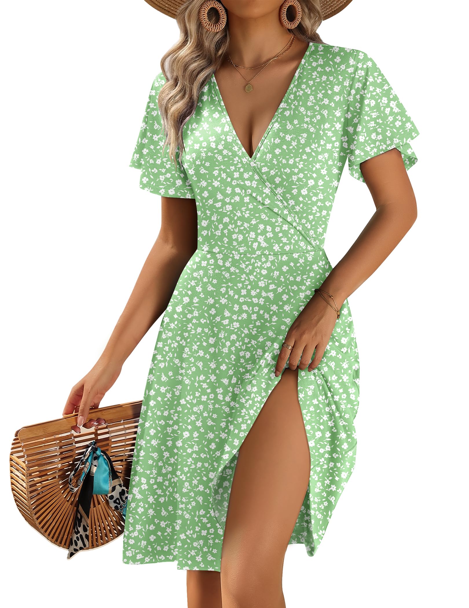 Women's 2026 Summer Wrap V Neck Floral A-Line Ruffle Sleeve Casual Sundress with Pockets