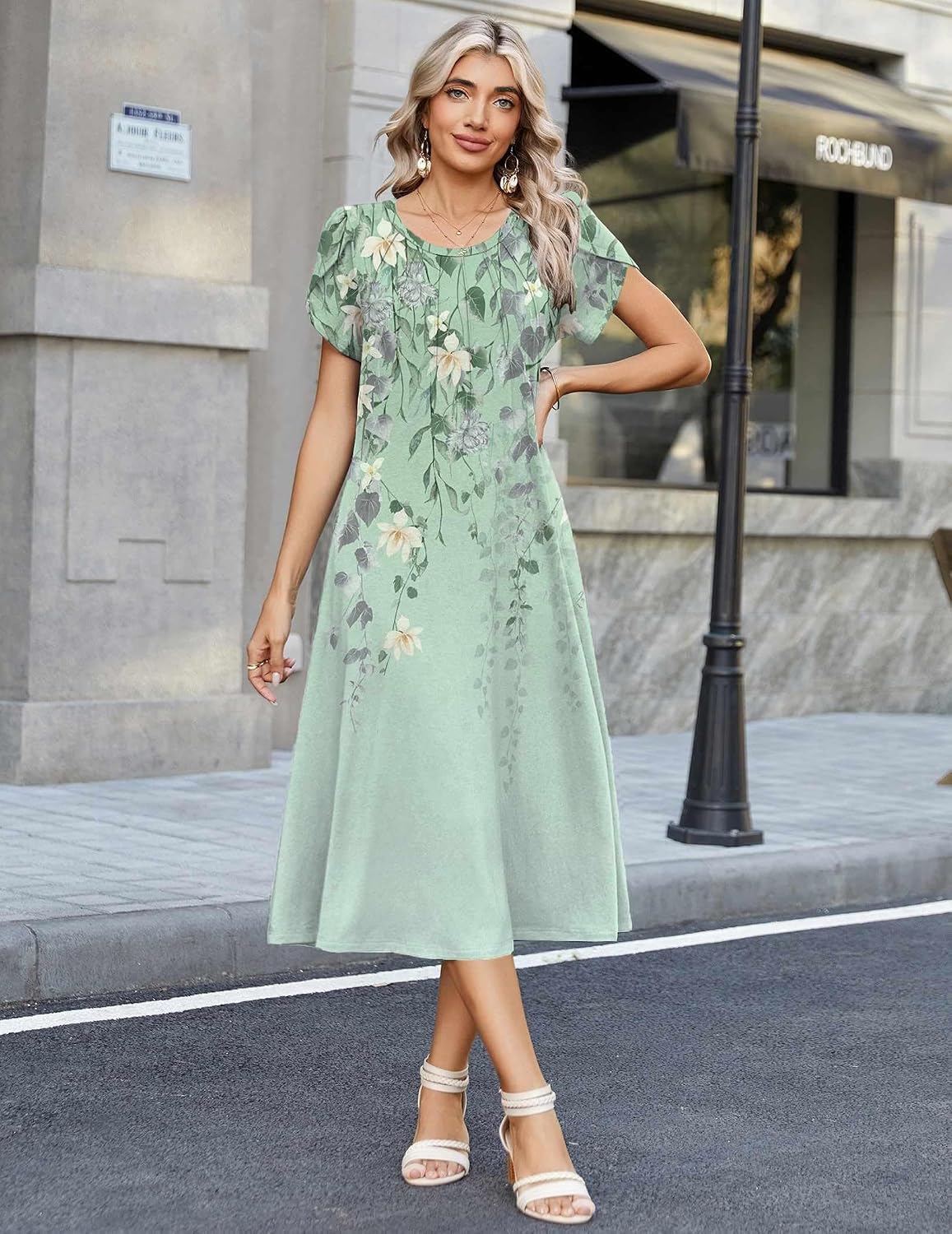 Women's 2026 Summer Petal Short Sleeve Pleated Midi A-Line Flowy Boho Casual Sundress