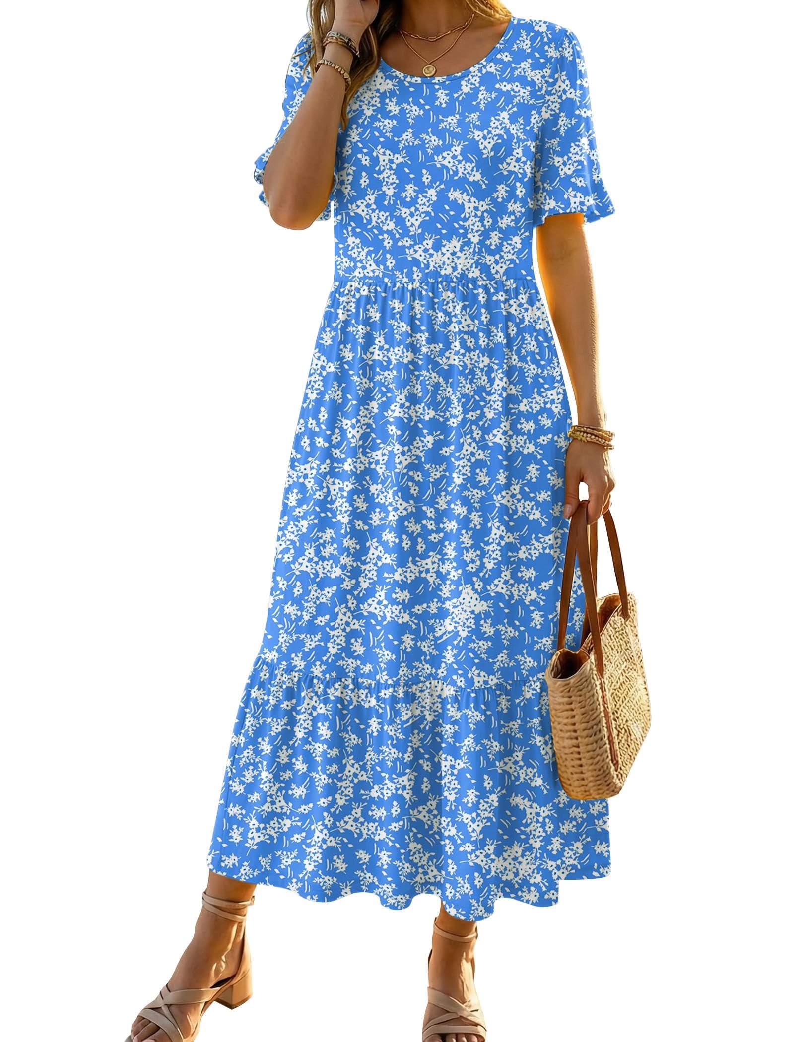 Womens 2026 Summer Casual Ruffle Short Sleeve Tiered A Line Boho Flowy Midi Sundress
