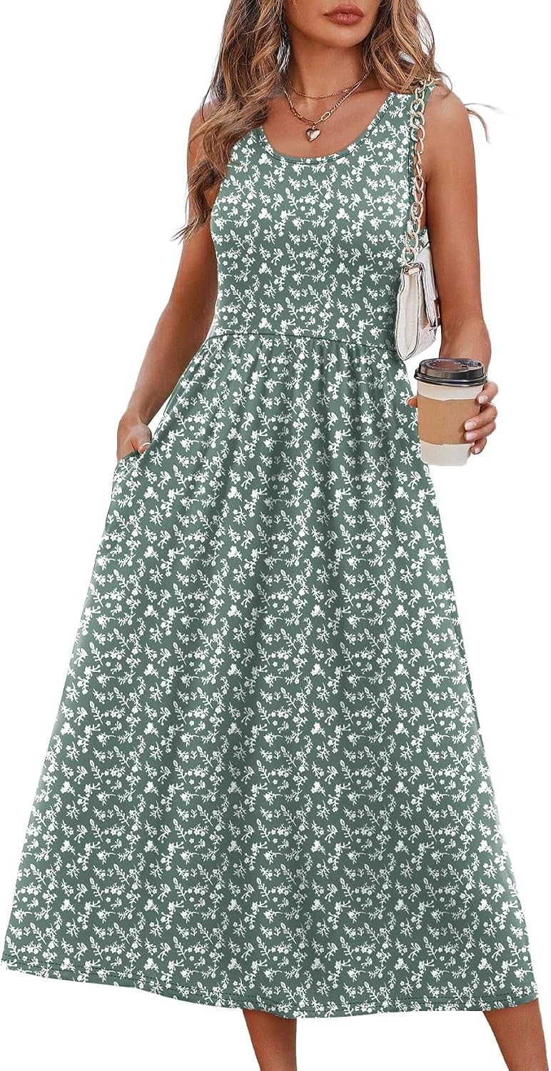 Women's Summer Flowy Casual Midi Beach Vacation Sundress with Pockets