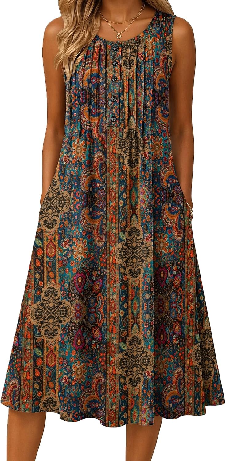 Summer Flowy Aline Casual Midi Tank Beach Boho Vacation Sundress with Pockets