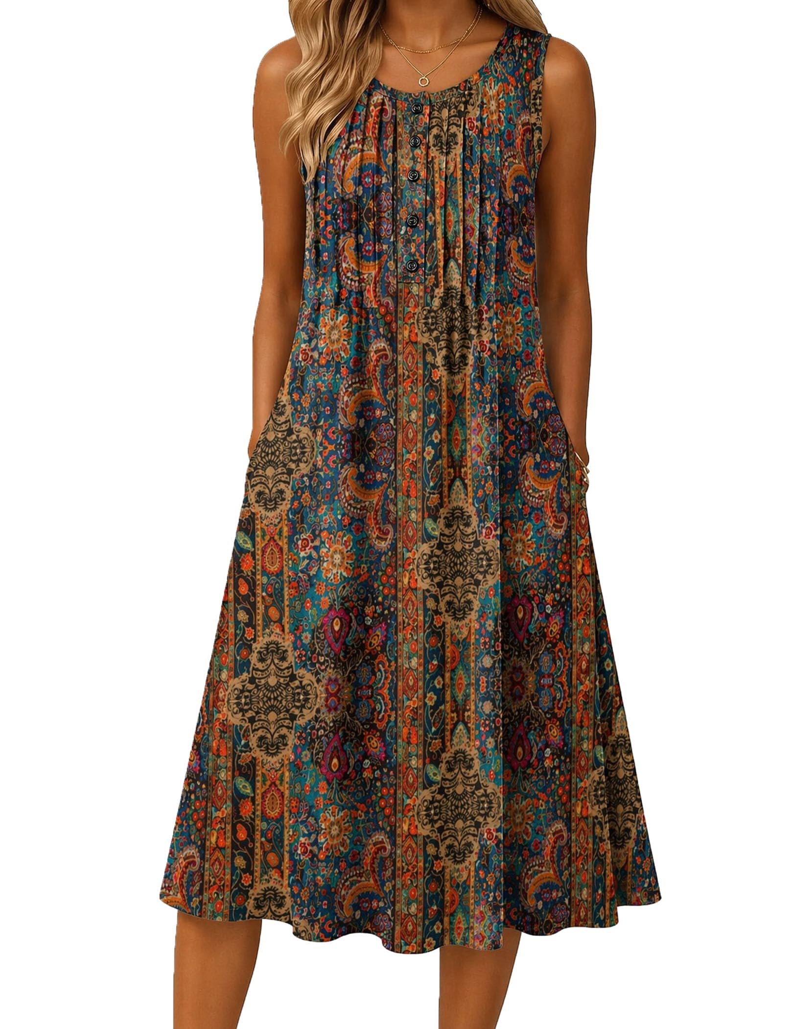 Summer Flowy Aline Casual Midi Tank Beach Boho Vacation Sundress with Pockets
