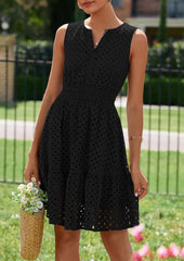 Women's 2026 Summer Sleeveless V Neck Eyelet Hollow Out Swing A Line Beach Vacation Sun Dress