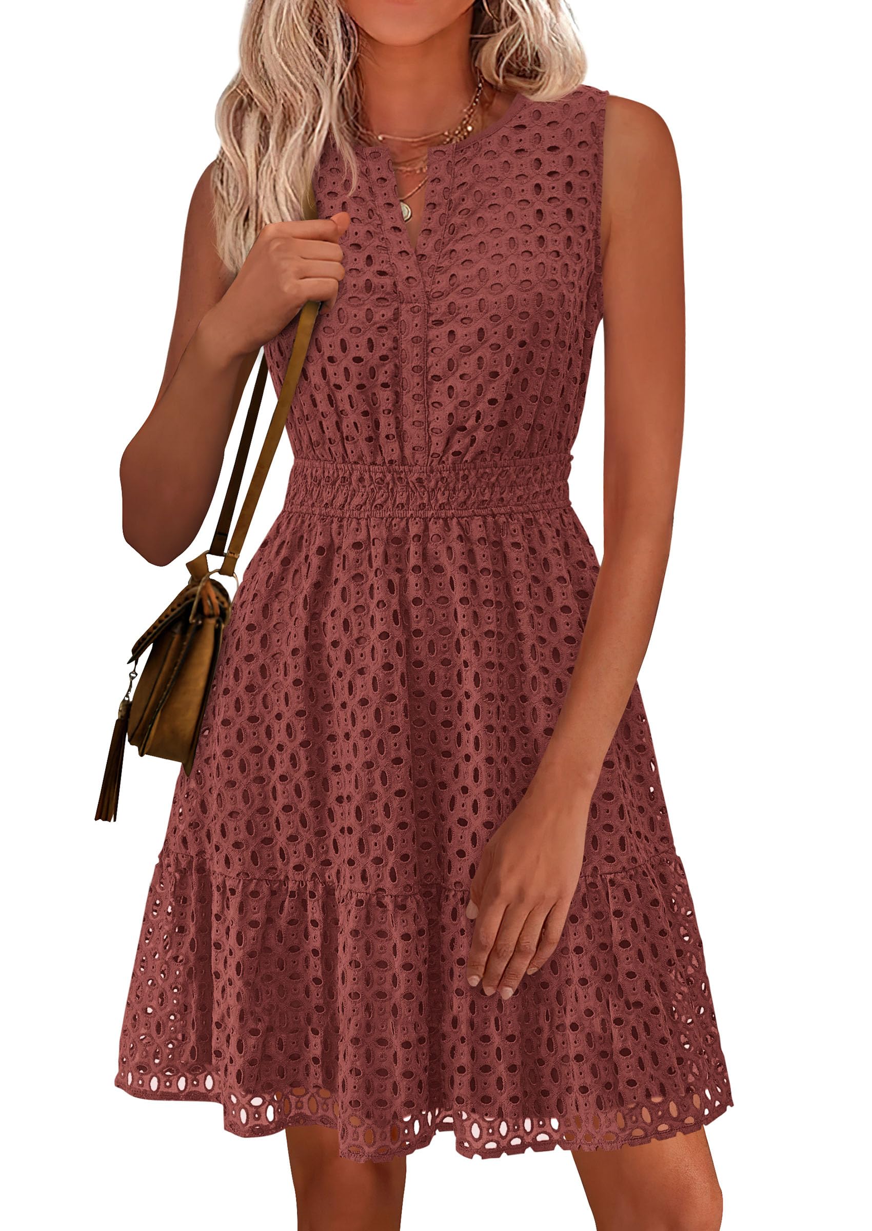 Women's 2026 Summer Sleeveless V Neck Eyelet Hollow Out Swing A Line Beach Vacation Sun Dress