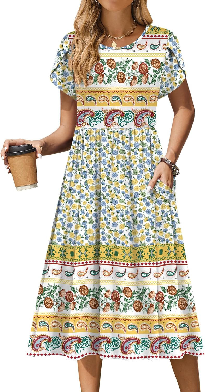 Women's Summer Short Sleeve Floral T-Shirt A-Line Casual Midi Dress with Pockets Flowy Beach Sundress