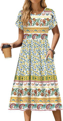 Women's Summer Casual A-Line Midi Short Sleeve Floral T-Shirt y Beach Sundress with Pockets