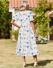 Womens 2026 Summer Casual Ruffle Short Sleeve Tiered A Line Boho Flowy Midi Sundress
