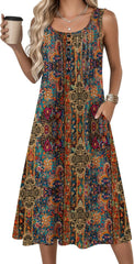 Women's Summer Flowy A-Line Casual Midi  with Pockets Beach Boho Vacation Shift Sundress