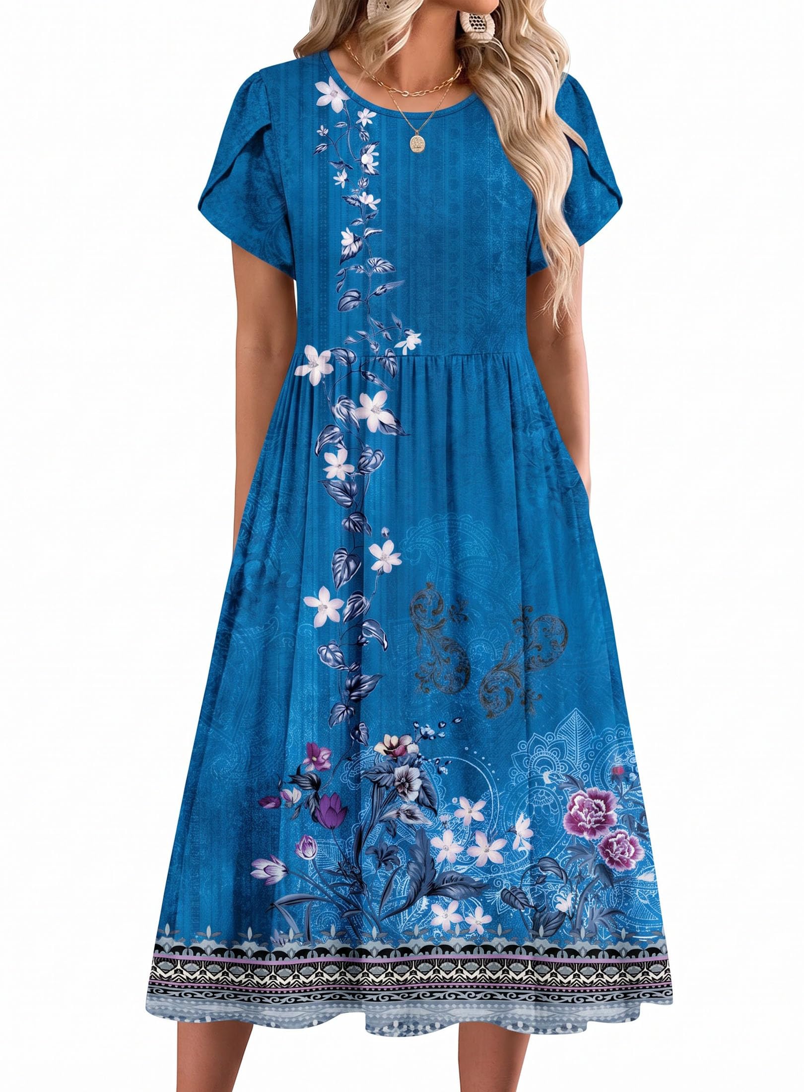 Women's Summer Casual A-Line Midi Short Sleeve Floral T-Shirt y Beach Sundress with Pockets