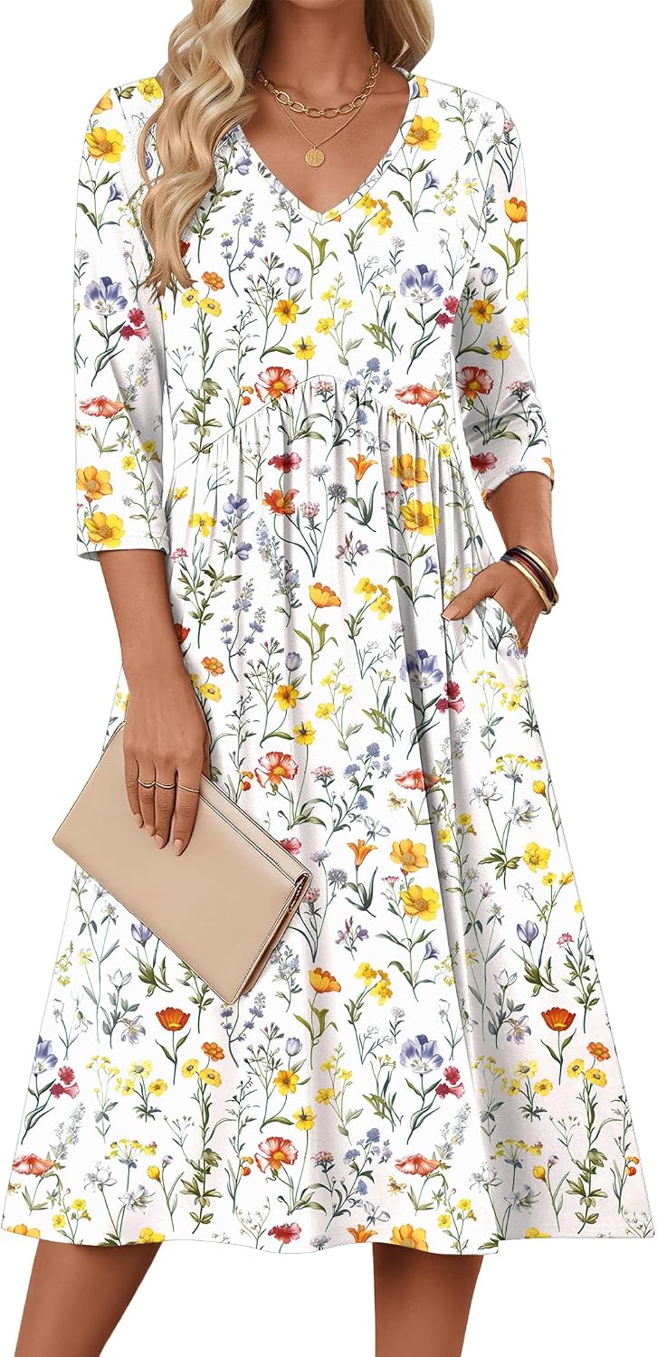 Summer 3/4 Sleeve Women's Casual Midi Tshirt Semi-Formal Sundress with Pockets
