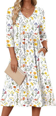 Summer 3/4 Sleeve Women's Casual Midi Tshirt Semi-Formal Sundress with Pockets