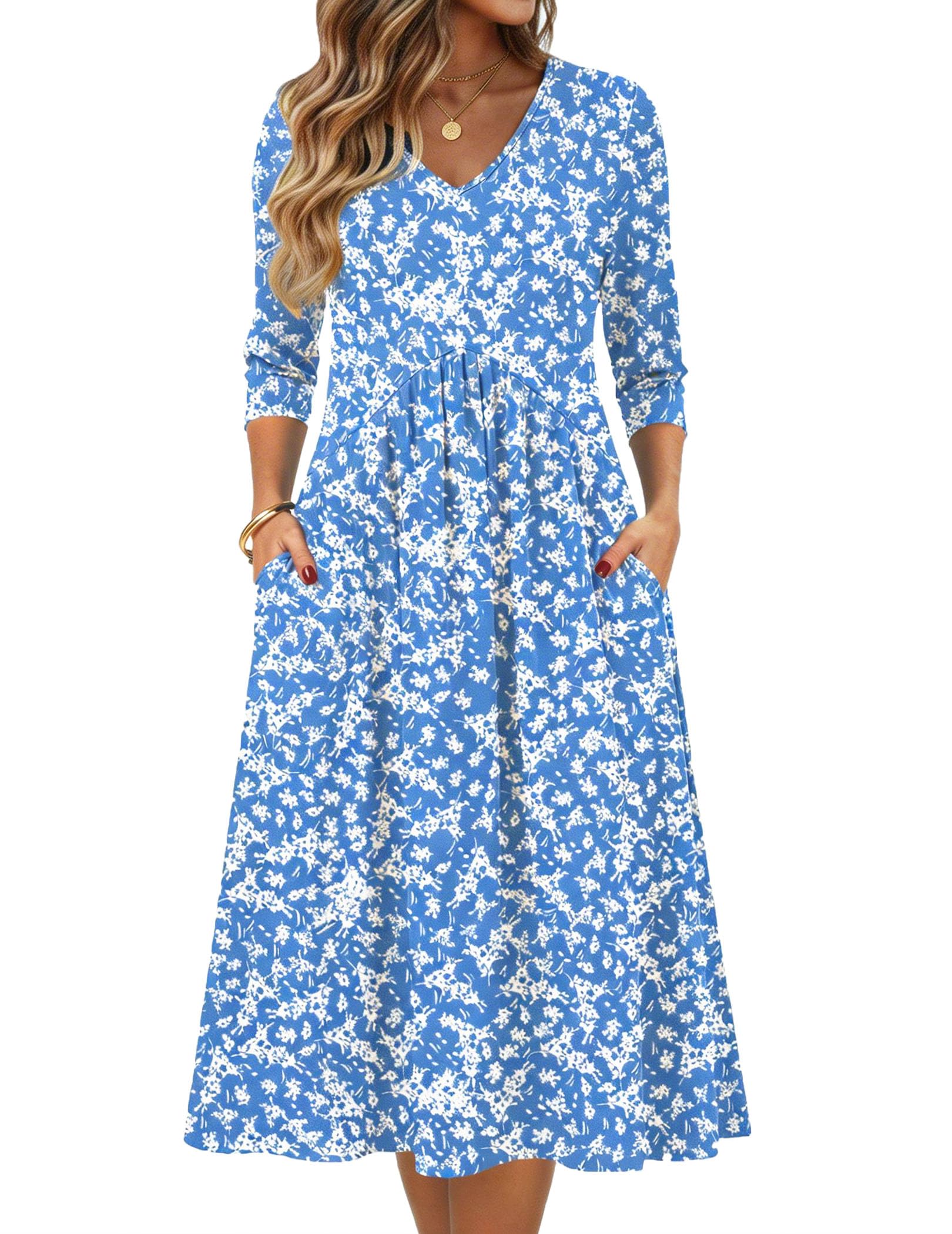 Summer 3/4 Sleeve Women's Casual Midi Tshirt Semi-Formal Sundress with Pockets