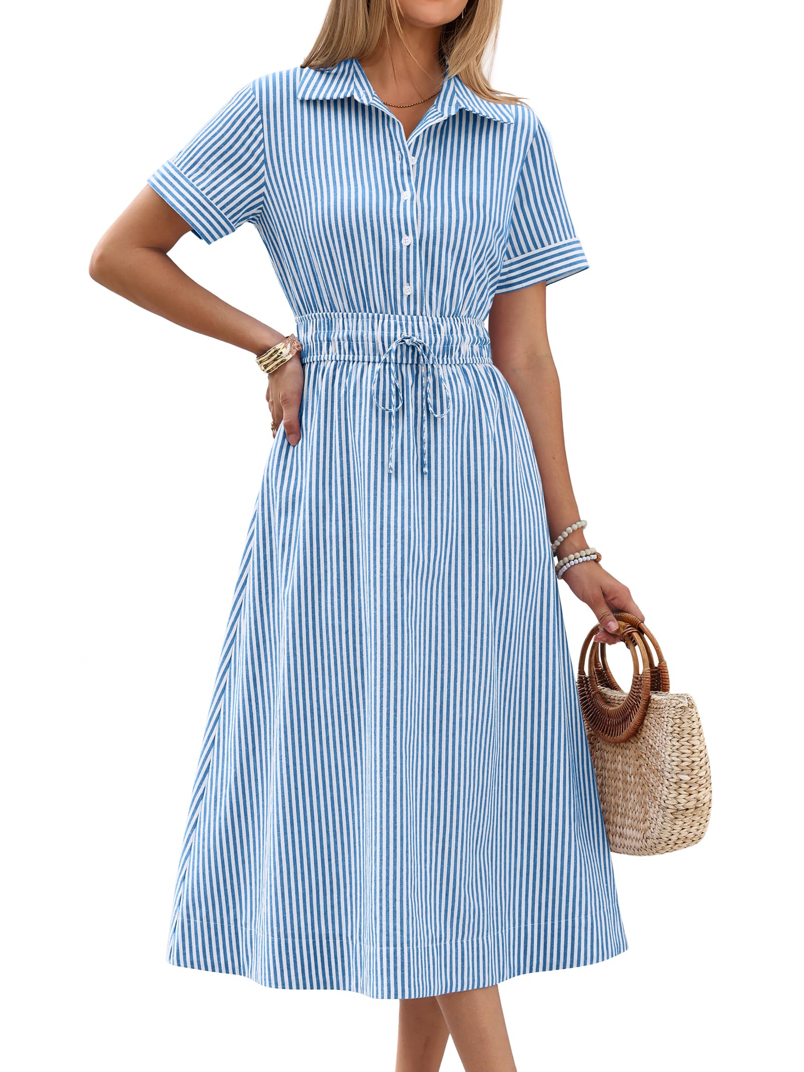 Women Summer Short Sleeve Striped & Gingham Casual A-Line Button Collar